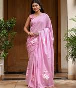 Pink linen printed zari work saree with blouse