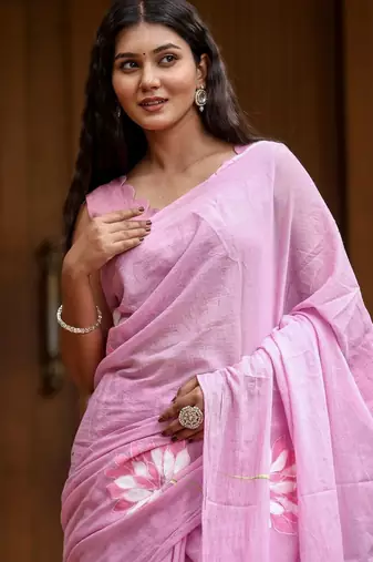 Pink linen printed zari work saree with blouse