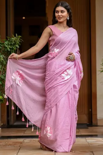 Pink linen printed zari work saree with blouse