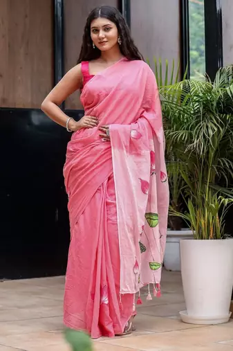 Pink linen printed zari work saree with blouse