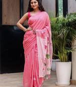 Pink linen printed zari work saree with blouse