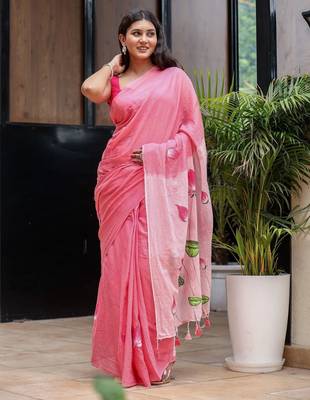 Pink linen printed zari work saree with blouse 3