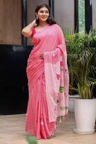 Pink linen printed zari work saree with blouse