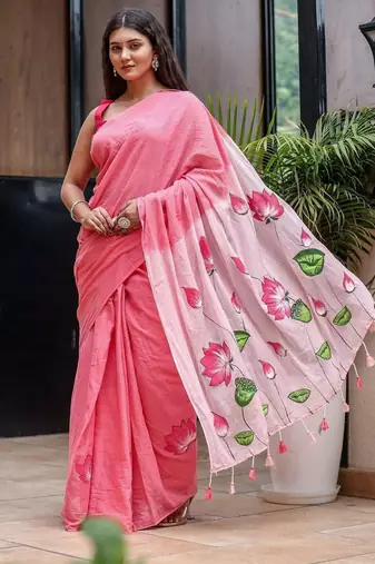 Pink linen printed zari work saree with blouse