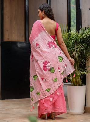 Pink linen printed zari work saree with blouse 5