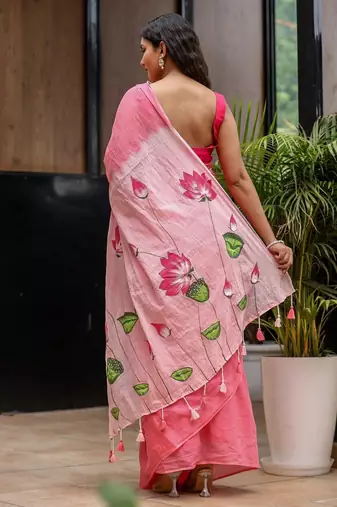 Pink linen printed zari work saree with blouse