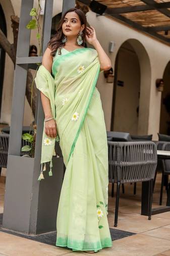 Light green linen printed zari work saree with blouse