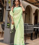 Light green linen printed zari work saree with blouse