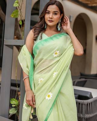 Light green linen printed zari work saree with blouse 2