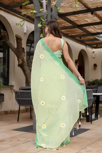 Light green linen printed zari work saree with blouse