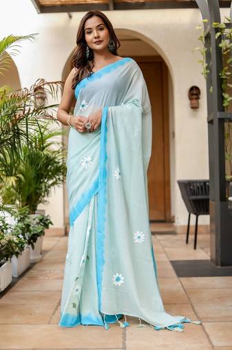 Light blue linen printed zari work saree with blouse