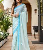 Light blue linen printed zari work saree with blouse