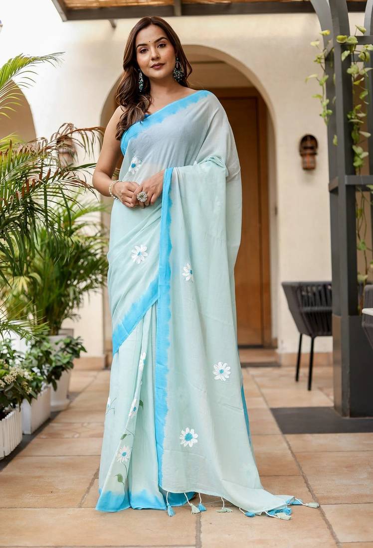 Light blue linen printed zari work saree with blouse