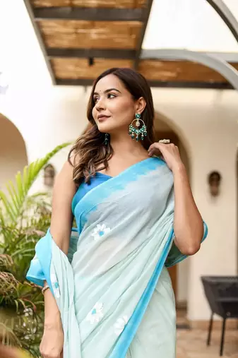 Light blue linen printed zari work saree with blouse