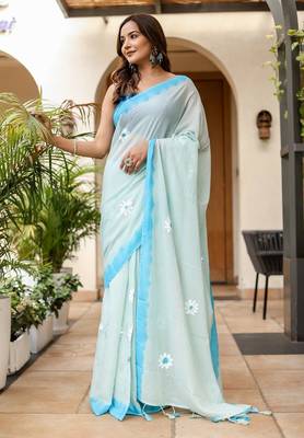 Light blue linen printed zari work saree with blouse 3