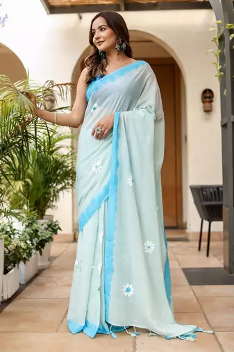 Light blue linen printed zari work saree with blouse