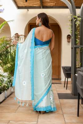 Light blue linen printed zari work saree with blouse 4