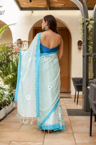 Light blue linen printed zari work saree with blouse
