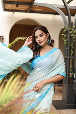 Light blue linen printed zari work saree with blouse 5