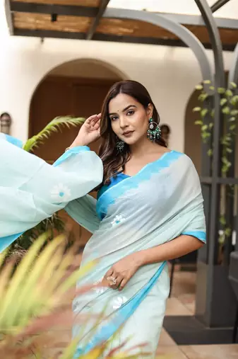 Light blue linen printed zari work saree with blouse