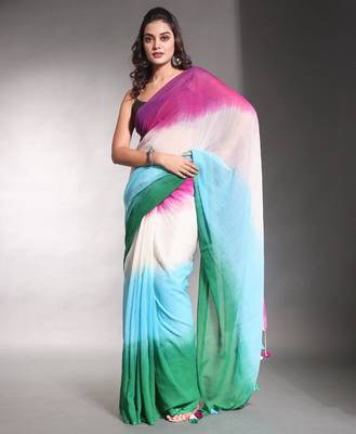 Multicolor linen printed zari work saree with blouse 1