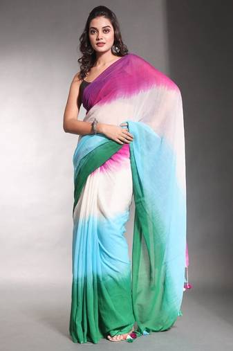 Multicolor linen printed zari work saree with blouse