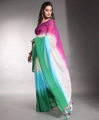 Multicolor linen printed zari work saree with blouse 3