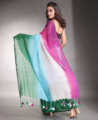 Multicolor linen printed zari work saree with blouse 4
