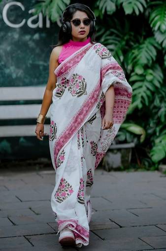 White linen printed zari work saree with blouse