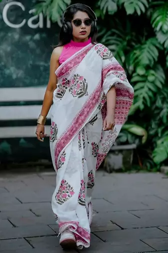 White linen printed zari work saree with blouse
