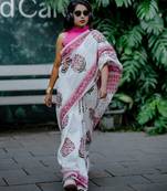 White linen printed zari work saree with blouse