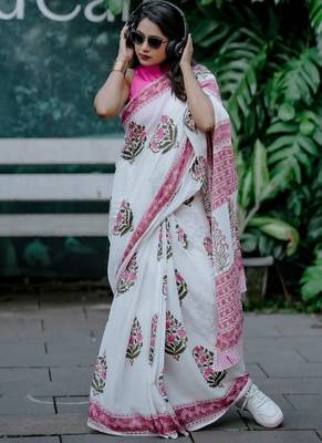 White linen printed zari work saree with blouse 2