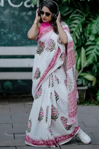White linen printed zari work saree with blouse