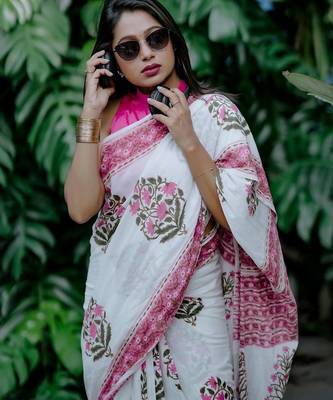 White linen printed zari work saree with blouse 4