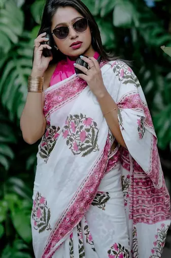 White linen printed zari work saree with blouse