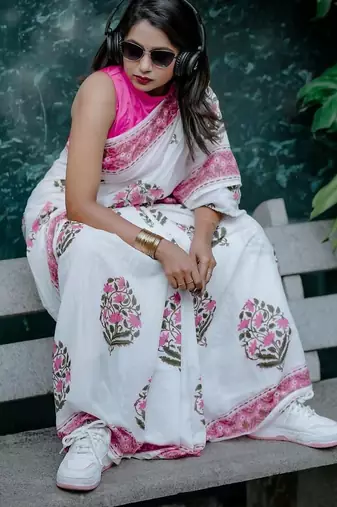 White linen printed zari work saree with blouse