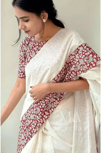 White linen printed zari work saree with blouse