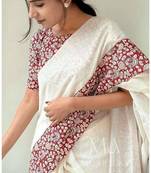 White linen printed zari work saree with blouse