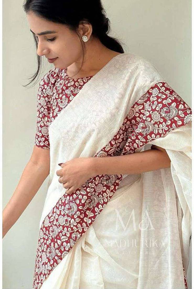 White linen printed zari work saree with blouse