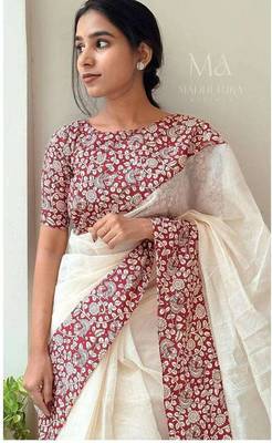 White linen printed zari work saree with blouse 2