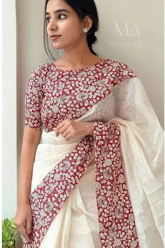 White linen printed zari work saree with blouse