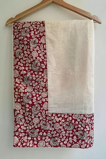 White linen printed zari work saree with blouse