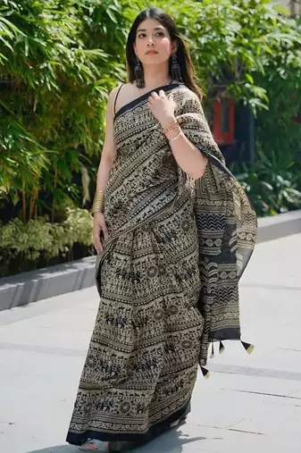Black linen printed zari work saree with blouse