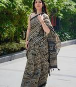 Black linen printed zari work saree with blouse