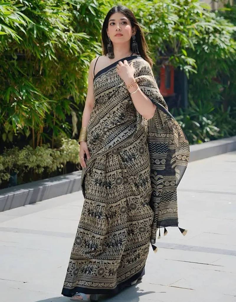 Black linen printed zari work saree with blouse