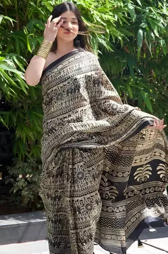 Black linen printed zari work saree with blouse