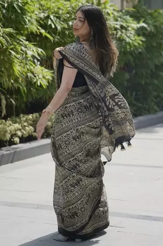 Black linen printed zari work saree with blouse