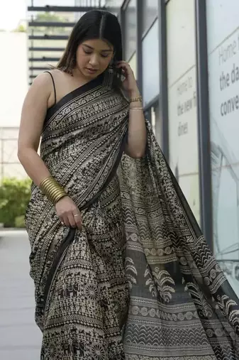 Black linen printed zari work saree with blouse