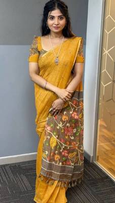 Black linen printed zari work saree with blouse 1