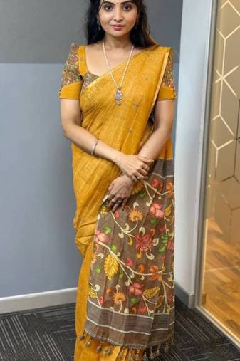 Black linen printed zari work saree with blouse